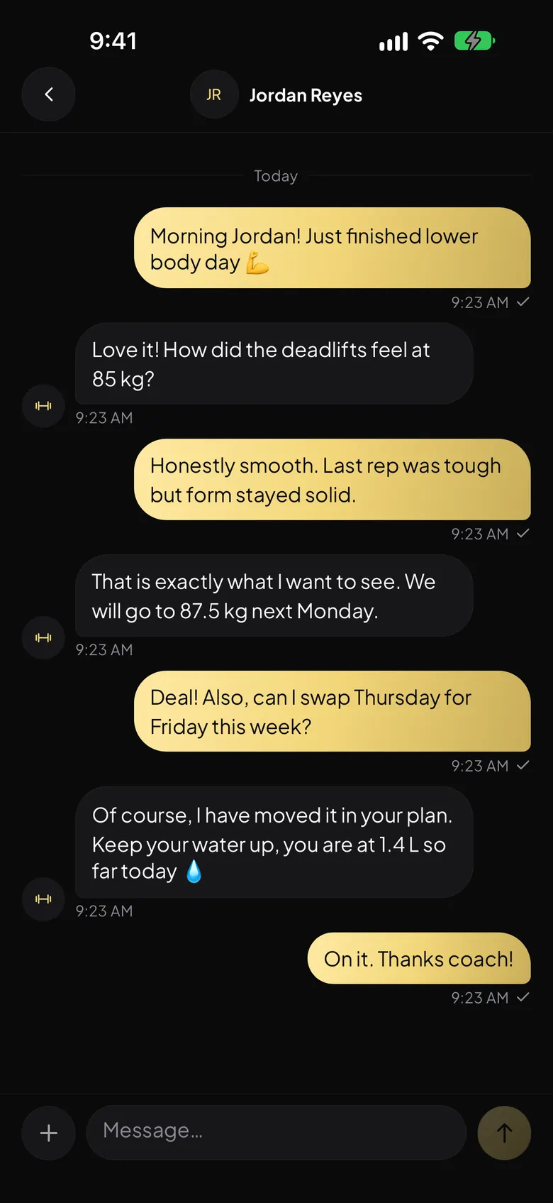 Breezeway Fitness chat between a member and their coach about today's deadlifts and the week's plan