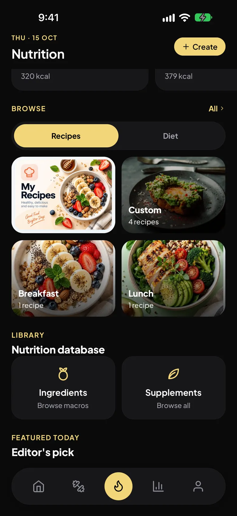 Breezeway Fitness Nutrition screen with recipe categories and the ingredients and supplements library