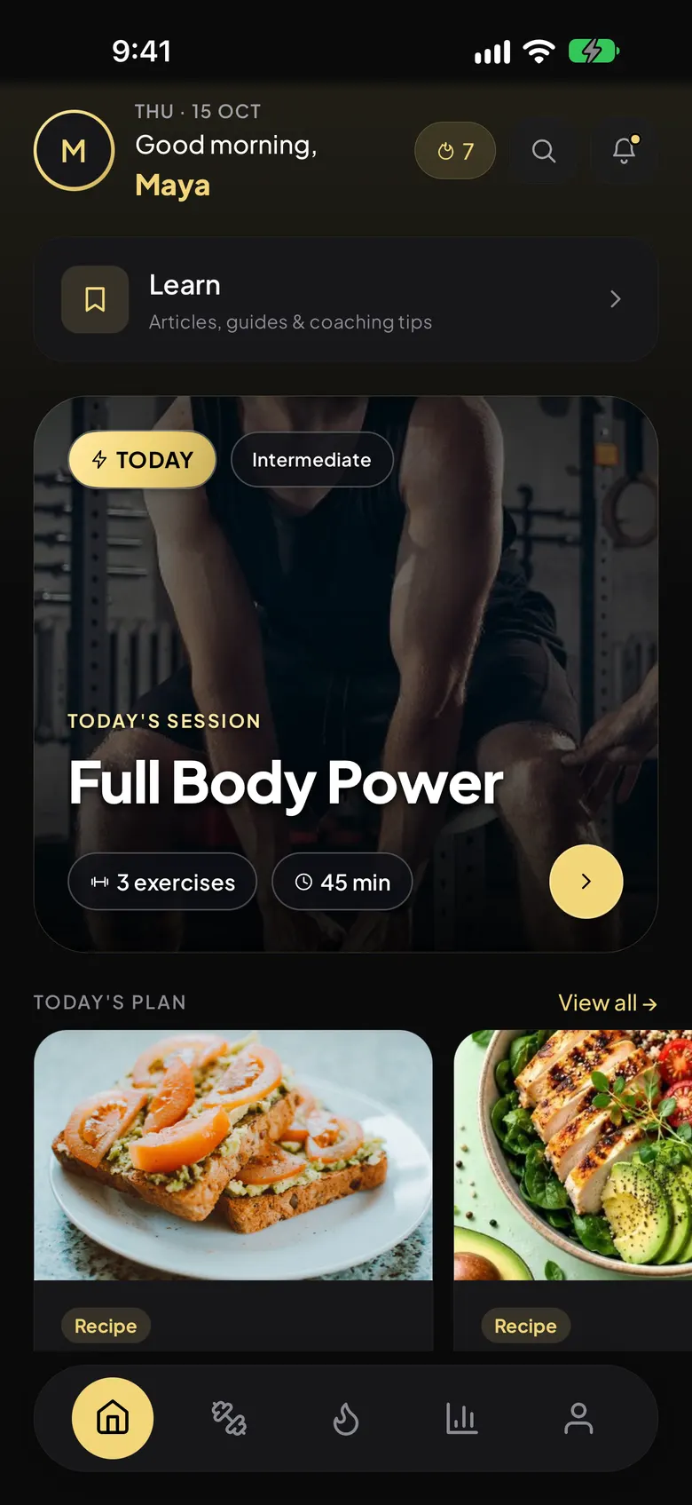 Breezeway Fitness Today screen showing today's Full Body Power session and the day's planned meals