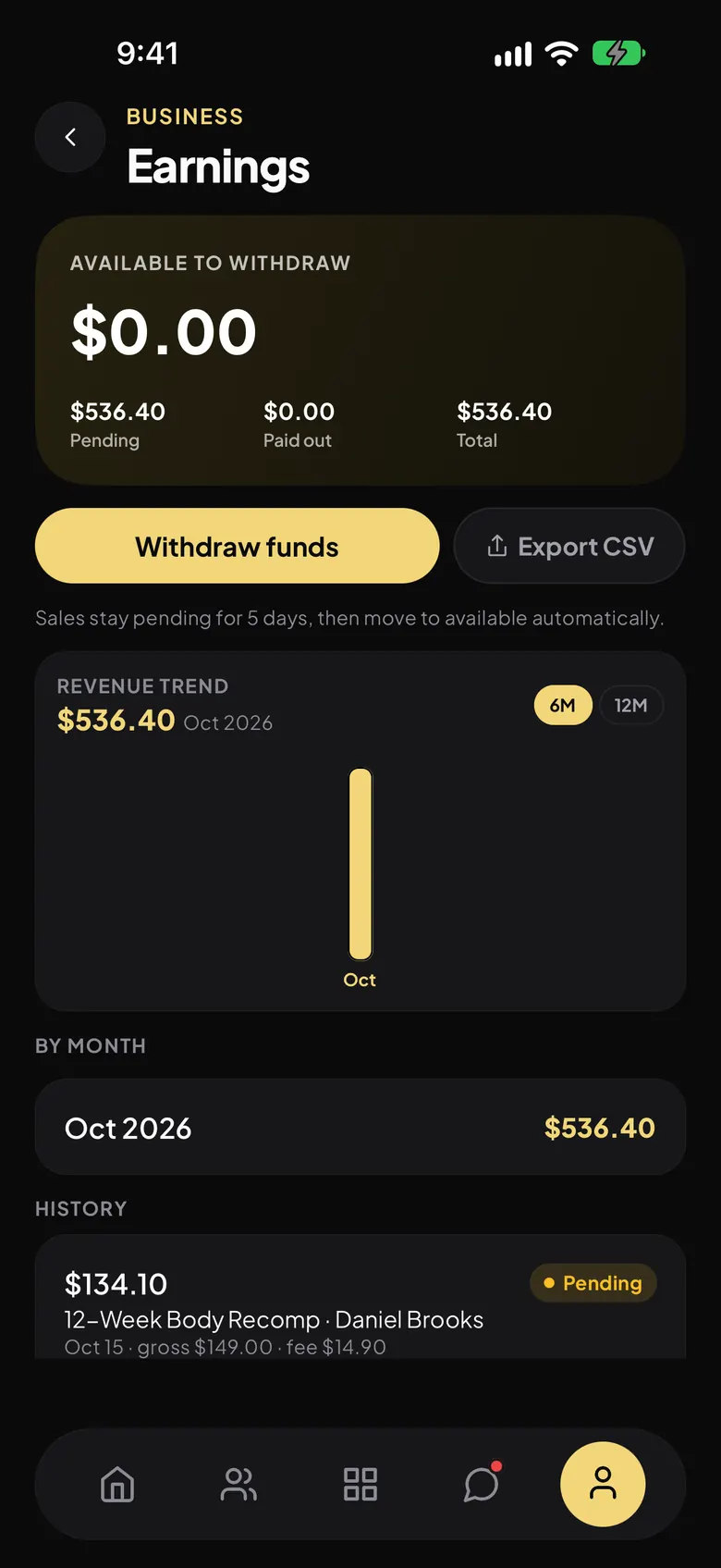 Breezeway Coaching earnings screen with pending and paid-out totals, revenue trend and sales history